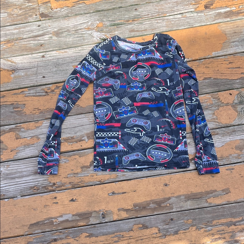 Place Boys Navy Racing Print Long Sleeve Swim Rashguard with Red & Blue Accents